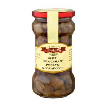 OLIVES TAGGIASCHE DÉNOYAUTÉES PIQUANTES À L’HUILE D’OLIVE 260 gr